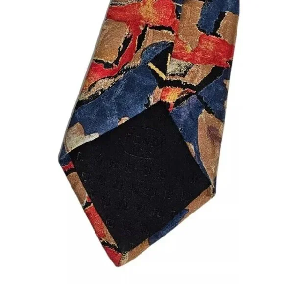 FENDI Men's 100% Silk Necktie LUXURY Tie Blue Beige Art W:3.6" EUC